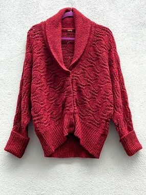 Free People Cardigan Sweater Burgundy Red Vintage Crochet Wool Shawl Collar Boho